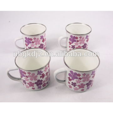 Decal impression fleur rose ensemble de 4 pcs émail camping tasses en métal émaillé